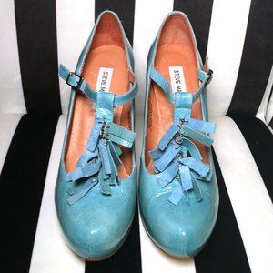 NIB Steven Madden 'PRENTY' Fringe blue leather platform mary jane heel - Size 8